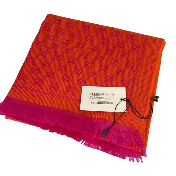 Gucci Sten GG Orange and Pink Fringed Wool Scarf NWT - Picture 5 of 6